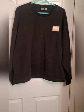 Puma Women Black Crewneck Sweatshirt with Tan Logo Patch Oversized